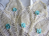 AMAZING Huge Doily or Centerpiece, Vintage Hand Crocheted Beautiful Table Topper Creamy White Applied BLUE Ribbons and Pearls, Unique Doilies