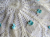 AMAZING Huge Doily or Centerpiece, Vintage Hand Crocheted Beautiful Table Topper Creamy White Applied BLUE Ribbons and Pearls, Unique Doilies