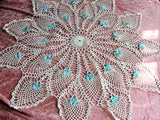 AMAZING Huge Doily or Centerpiece, Vintage Hand Crocheted Beautiful Table Topper Creamy White Applied BLUE Ribbons and Pearls, Unique Doilies