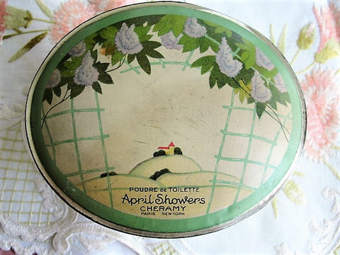 ANTIQUE Deco Era 20s Powder Tin, Cheramy Paris Powder Tin, April Showers Poudre de Toilette Tin, Art Deco Design, Decorative Tins,Vanity Decor, Collectible Tins
