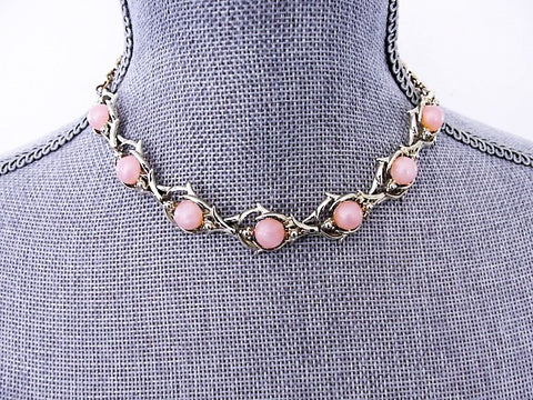 LOVELY 1950s Pink Moon Glow Thermoplastic and Gold Tone Metal Necklace Wear or Collect Vintage Costume Jewelry