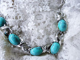 FABULOUS 1950s Mid Century Turquoise Glass Stones and Silver Tone Metal Necklace Collectible Vintage Jewelry