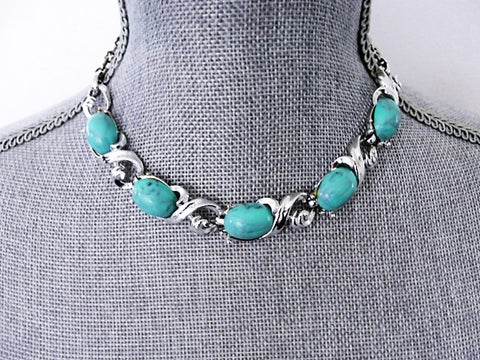 FABULOUS 1950s Mid Century Turquoise Glass Stones and Silver Tone Metal Necklace Collectible Vintage Jewelry