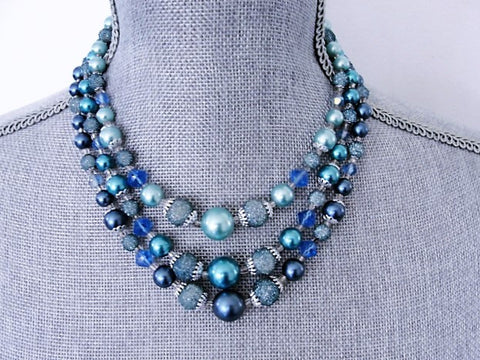 Vintage 50s AMAZING Multi Strand Bead and Cut Crystal Necklace Cool Blues Day or Evening Quality Costume Jewelry