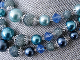 Vintage 50s AMAZING Multi Strand Bead and Cut Crystal Necklace Cool Blues Day or Evening Quality Costume Jewelry
