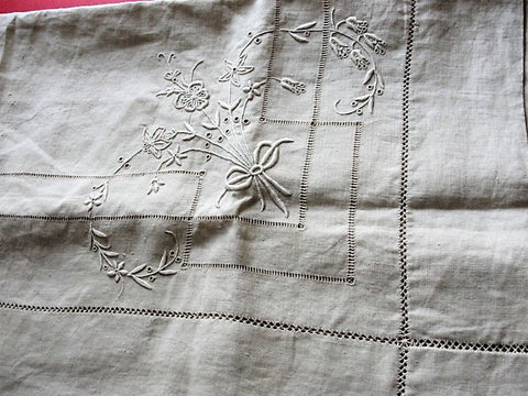 GORGEOUS Antique Natural French Linen Small Tablecloth Table Topper Lustrous Raised Embroidery Monogram Fine Vintage Linens