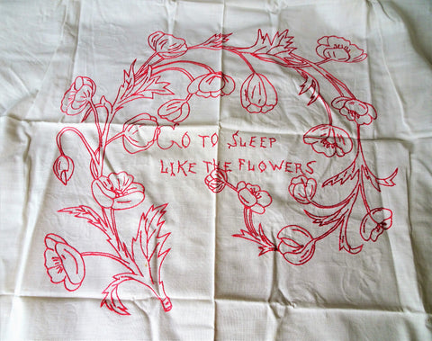 SWEET Victorian Redwork Embroidery, Cotton Pillow Cover or Wall Hanging, Go To Sleep Embroidery, Charming Farmhouse Chic Cottage Decor, Collectible Textiles , Vintage Linens