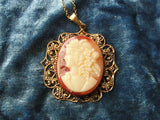 1920s CZECH Glass Victorian Revival Glass Cameo Necklace Pendant, Beautiful Lady Set in Filigree, Romantic Necklace, Bridal Necklace, Collectible Old Costume Jewelry,Gifts For Her