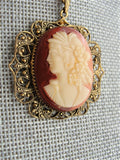 1920s CZECH Glass Victorian Revival Glass Cameo Necklace Pendant, Beautiful Lady Set in Filigree, Romantic Necklace, Bridal Necklace, Collectible Old Costume Jewelry,Gifts For Her