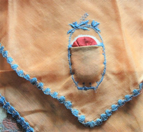 RARE Vintage POWDER PUFF Hanky Colgate 1920s Flapper Hankie Peach Handkerchief Blue Embroidery Novelty Collectible Vintage Hankies Collector