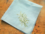 RESERVED GORGEOUS Hand Embroidered Lily of The Valley Hanky,Floral Handkerchief,Sweet Blue Hankie,Special Bridal Wedding Handkerchief, Collectible Vintage Hankies