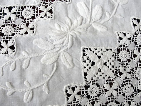 GORGEOUS Antique Victorian Fancy Small Tablecloth Table Topper Amazing Drawnthread Work, Raised WhiteWork Embroidery, French Country, Farmhouse Decor, Fine Antique Linens