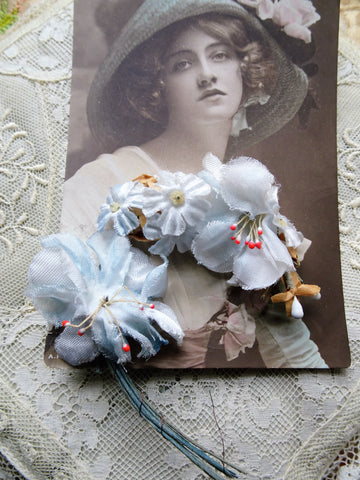 Lovely VINTAGE Millinery Flowers, Pastel Pinks Blue Floral Hat Trim,Bridal, Doll Size,Old Millinery Blue Small Flowers, Heirloom Sewing