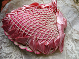 PRETTY Vintage Pin Cushion, Heart Shape Pink Satin and Crochet, Sewing Room Décor, Collectible Pincushions