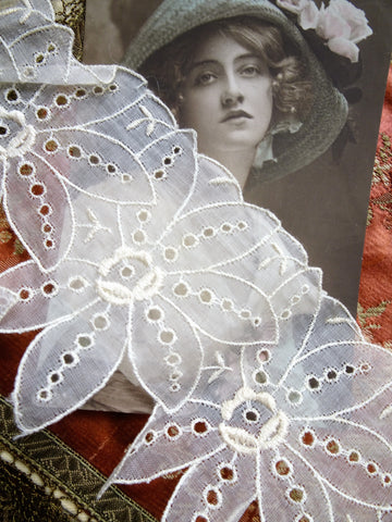 LOVELY Antique French Salesmans Sample Trim Embroidered Organdy Flapper Era Downton Abbey Gatsby Trim Hats Doll Clothes, Collectible Vintage Lace