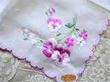 RESERVED BEAUTIFUL Vintage Embroidered SWISS Floral Handkerchief Hanky Sweet Pansy Flowers, Pansies Special Bridal Wedding Hankie, Collectible Hankies