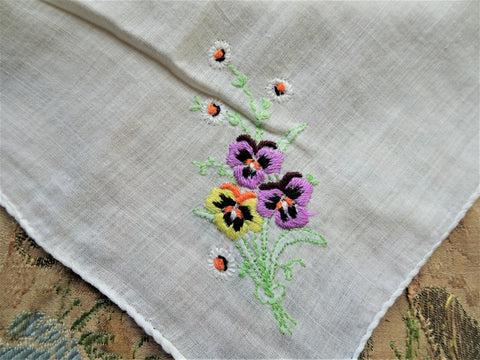RESERVED SO PRETTY Floral Embroidered Hankie,Vintage Handkerchief,Pansy Embroidery,Wedding Bridal Hanky Gifts,Collectible Hankies