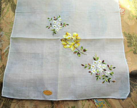 RESERVED BEAUTIFUL Floral Embroidered Hanky,Vintage Handkerchief,Yellow Rose and White Flowers Hankie,Swiss Hand Embroidery,Wedding Bridal Hanky Gifts,Collectible Vintage Hankies
