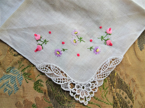 BEAUTIFUL Vintage Swiss Hand Embroidered Hanky, Pink and Purple Flowers, Lace Corner,Bridal Handkerchief,Hankie,Never Used,Collectible Vintage Hankies