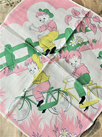 ADORABLE Vintage Hanky, Childrens Handkerchief, Printed Colorful Hankie Great To Frame, Childrens Room Decor