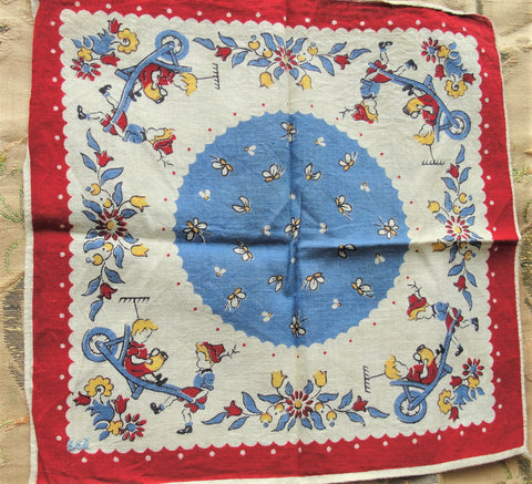 ADORABLE Vintage Hanky, Childrens Handkerchief, Children Gardening Theme, Boy Hanky,Girl Hankie,Printed Colorful Hankies, Great To Frame