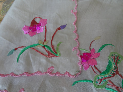 RESERVED BEAUTIFUL Antique Embroidered Silk Handkerchief Hanky,Perfect For Bride,Special Wedding Hankie,Collectible Vintage Hankies