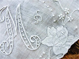 Breathtaking Vintage Madeira Monogram M BRIDAL WEDDING HANDKERCHIEF Heavily Encrusted Embroidery Work Hankie Bridal Hanky Vintage Hankies