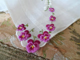 RESERVED BEAUTIFUL Vintage Swiss Hand Embroidered Hanky, Pansies and Lily of Valley,Bridal Handkerchief,Hankie,Never Used,Collectible Vintage Hankies