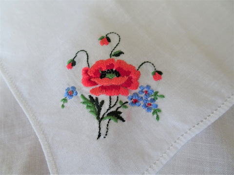 RESERVED LOVELY Vintage Hand Embroidered Hanky, Poppy Flowers Poppies,Bridal Handkerchief,Hankie,Never Used,Collectible Vintage Hankies