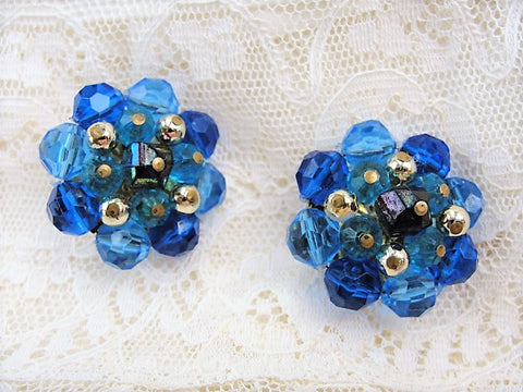 1950s SPARKLING Large Cluster Clip On Vintage Earrings Eye Catching Blue Colors Crystals Western Germany Made Collectible Vintage Costume Jewelry