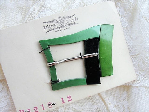 FANTASTIC Art Deco 3 Tone Bakelite Vintage 30s Belt Buckle, Original Display Card, 30s Dress Sewing Notions, New Old Stock, Early Plastic, Black Greens Art Deco Collectible Sewing Notion
