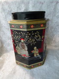DECORATIVE Vintage Cookie Tin,English Tin,Farm House Decor,Tea or Cookie Canister,Oriental Decor,Black Red Gold Tin,Antique Tins,Collectible Advertising Tins
