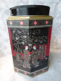 DECORATIVE Vintage Cookie Tin,English Tin,Farm House Decor,Tea or Cookie Canister,Oriental Decor,Black Red Gold Tin,Antique Tins,Collectible Advertising Tins