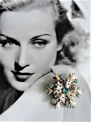 LOVELY Vintage Snowflake Shape Brooch Pin Gold Metal and Aquamarine Color Rhinestones Three Layer Broach Collectible Vintage Costume Jewelery