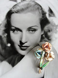 BEAUTIFUL Vintage 1950s Floral Brooch Painted Pink,Blue White Flowers Bouquet Rhinestone Accents Collectible Vintage Costume Jewelry