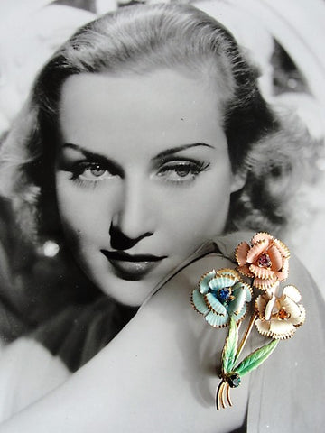 BEAUTIFUL Vintage 1950s Floral Brooch Painted Pink,Blue White Flowers Bouquet Rhinestone Accents Collectible Vintage Costume Jewelry