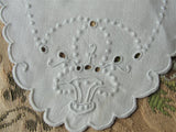 Lovely VINTAGE Madeira Creamer and Sugar Tray Cloth Mat Oval Doily Hand Embroidered, Flower Basket Seed Embroidery,Cottage Farmhouse, French Country Decor Vintage Table Linens