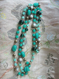 Beautiful Antique Art Deco GLASS BEAD NECKLACE,Flapper Style Long Length Necklace,Green Colors,Chrysoprase, Emerald,Jade,Pearl, Glass Beads,Antique Czech Glass,Collectible Vintage Jewelry