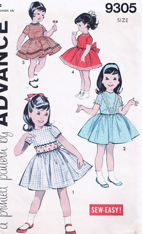 60s ADORABLE Little Girls Dress Pattern ADVANCE 9305 Childrens Day or Party Dress 4 Styles Size 6 Vintage Sewing Pattern