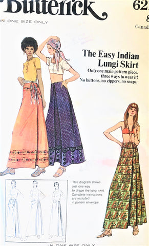 1970s Easy India Inspired Lungi Skirt Pattern BUTTERICK 6211 Bohemian BoHo Style,Maxi Skirt,Beach Wear Easy To Sew and Wear One Size Vintage Sewing Pattern
