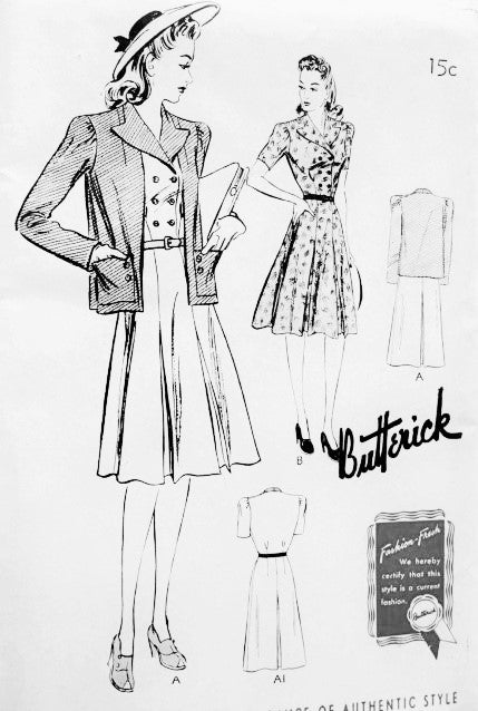 1940s FAB Dress Frock and Jacket Pattern BUTTERICK 9365 Lovely Double Breasted WW II Dress and Loose Jacket Bust 44 Vintage Forties Sewing Pattern FACTORY FOLDED