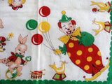 ADORABLE Vintage Hanky Childrens Handkerchief Circus Theme Elephants Kittens Seals Bear Rabbits Clown Printed Colorful Hankie Great To Frame