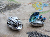 DAZZLING Signed Continental Blue Green Aurora Borealis Rhinestone Sivertone Clip On Earrings Vintage Costume Jewelry