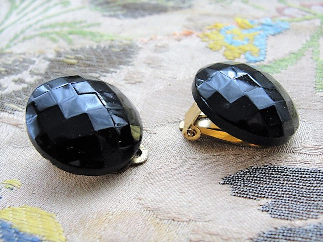 LOVELY Vintage 1950s French Jet Clip On Earrings Faceted Black Glass Clip Ons Costume Jewelry