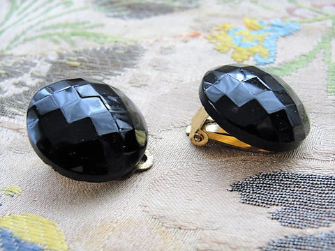 LOVELY Vintage 1950s French Jet Clip On Earrings Faceted Black Glass Clip Ons Costume Jewelry