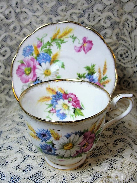 GORGEOUS Vintage Teacup and Saucer Royal Albert English Bone China Colorful Flowers HARVEST BOUQUET Vintage Cup and Saucer Tea Time Cups and Saucers Bridal Gifts House Warming Gift
