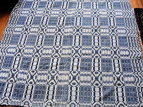 ANTIQUE Woven Coverlet Blue Cream Outstanding Condition French Country Decor,Log Cabin, Farm House Americana Decor Hand Made Antique Textile Decorative