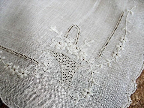 BEAUTIFUL Appenzell Whitework Embroidery Hankie Handkerchief Embroidery OpenworkBasket of ROSES Wedding Bridal Bridesmaid Special Hanky
