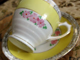 1930s VINTAGE Art Deco Teacup and Saucer Sweet Hand Painted  Pink Flowers Sunny Yellow Royal Mayfair English Bone China Tea Cup and Saucer