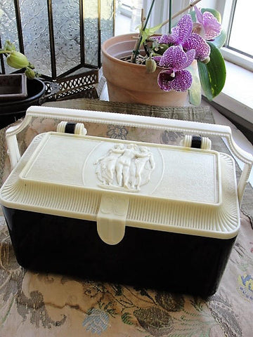 FAB Vintage 1970s Makeup Case or Caddy or Unique Handbag Purse Merle Norman Grecian Greek Goddesses Cream White Black Plastic Decorative